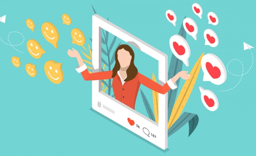Woman-in-photograph-community-management-social-marketing A stylized woman in a picture frame, receiving likes and comments. Community management for social media.